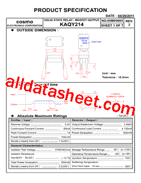 KAQY214 Datasheet PDF - COSMO  Electronics Corporation